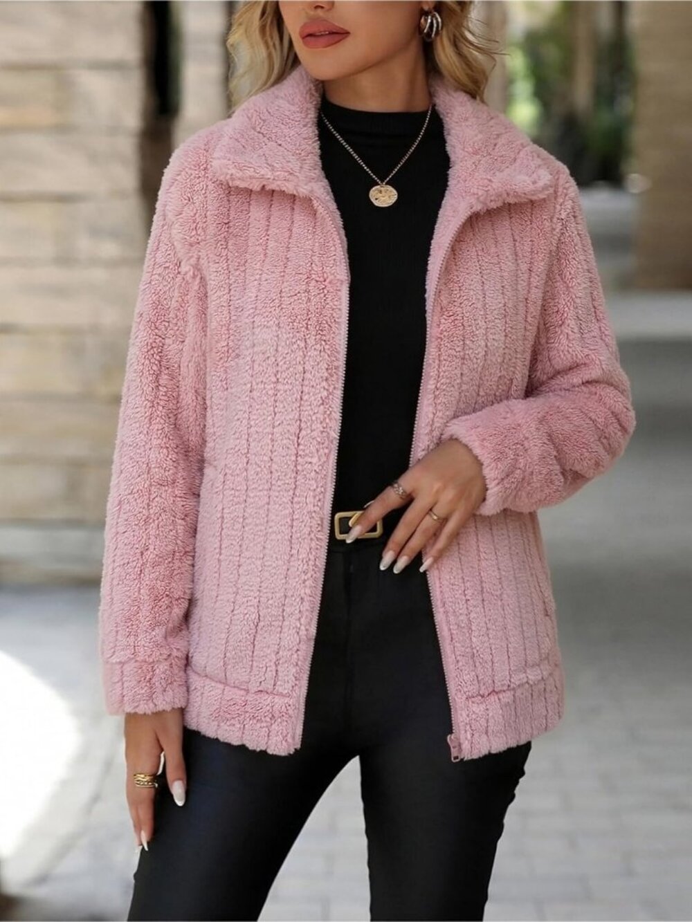 Women's Pink Red Full Zip Stand Collar Fleece Sherpa Pockets long sleeve Jacket - Picture 2 of 6